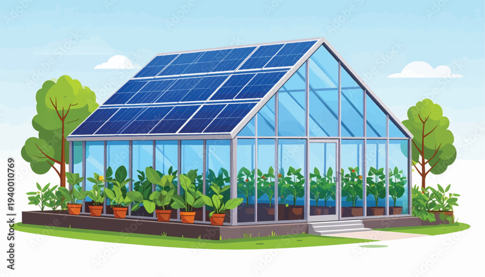 Fototapeta premium Sustainable Smart Greenhouse Utilizing Solar Panels for Eco-Friendly, Controlled Environment Agriculture (CEA)