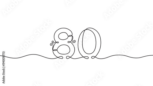 Number 80 rendered in a single continuous black line with decorative swirls and a wavy baseline. featuring 80, numeral, minimalist with abstract and