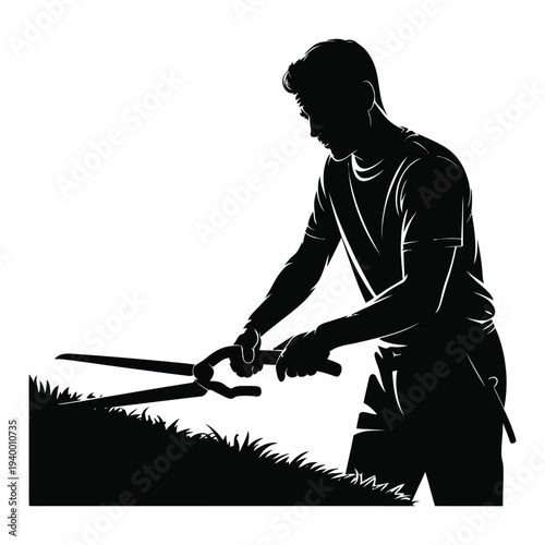 Man cutting grass silhouette, using hedge shears to trim lawn, garden maintenance, outdoor work, landscape care, fresh air