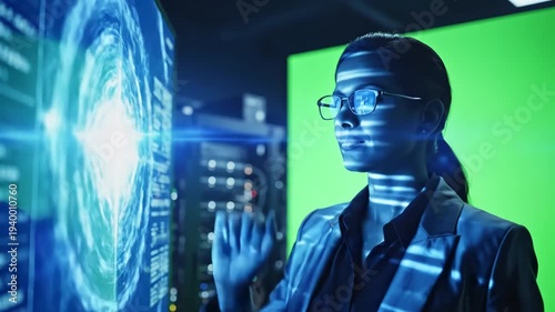 Wallpaper Mural Green Screen the businesswoman looking on blue in dark lab scene 2 with distortion, overlay, glitch, static noise, scan lines black background, 4k animated video loop Torontodigital.ca