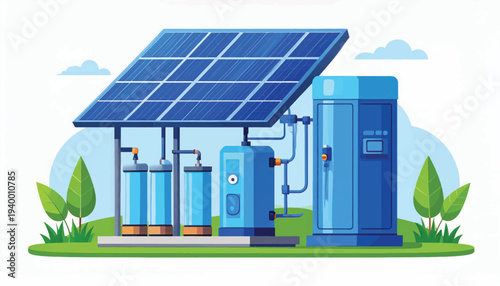 Green Hydrogen Production System powered by Solar Energy. Sustainable Fueling Station Illustration.