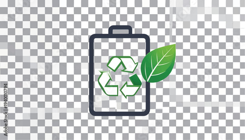 Green Battery Recycling Icon. Sustainable Power and Eco-friendly Technology Symbol on Transparent Background.