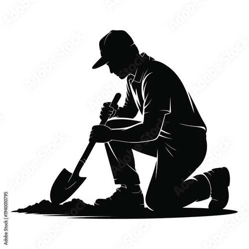 Man kneeling digging silhouette, working in garden with shovel, planting seedlings, preparing soil, spring season, outdoor activity