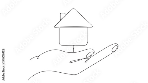 House in hand icon with single line drawing style, symbolizing home ownership and safety. featuring minimalism, abstract, symbol with real estate and