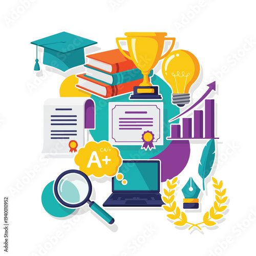 Colorful graphic illustration depicting graduation, studying, and achievement
