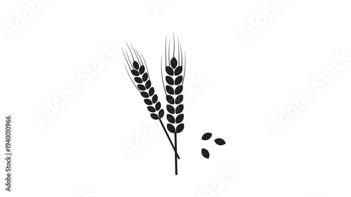 Wheat ears illustration with scattered seeds, representing agriculture, harvest, and the grain industry.