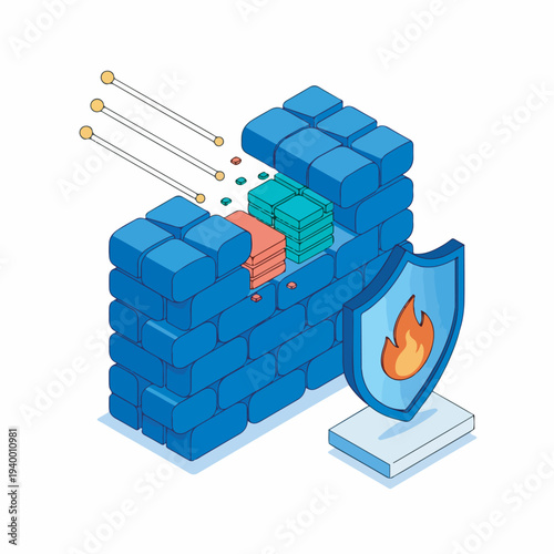 Isometric illustration symbolizing robust financial security and cyber protection, depicting a strong barrier safeguarding valuable monetary assets from incoming digital threats and risks