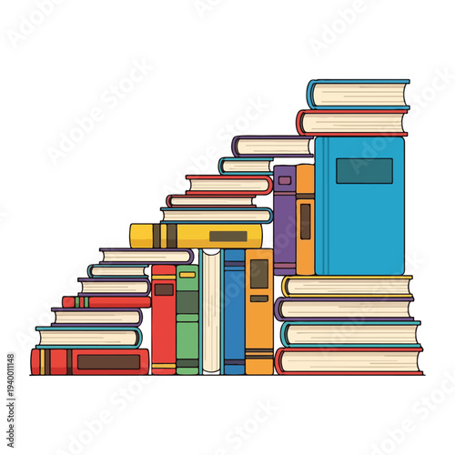 Colorful illustrated books arranged in stair steps, on white background