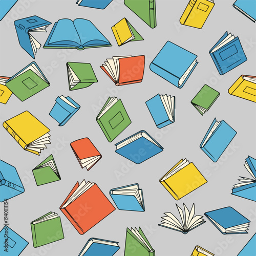 Colorful illustrated books scattered randomly against a neutral grey background