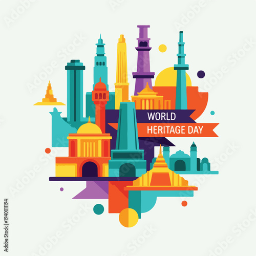Colorful illustrated buildings and elements celebrating World Heritage Day