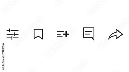 Icons for settings, bookmark, add to list, speech bubble, and share arrow in a simple line art style.