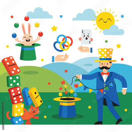 Colorful illustrated cartoon scene of magic tricks and performers
