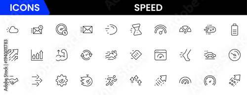 Speed and performance icon set. Containing fast, productivity, indicator, turbo, speeding and speedometer icons. Thin line icon collection. Vector illustration.