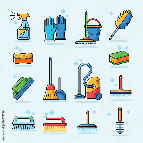 Colorful illustrated cleaning supplies, tools, and equipment icons