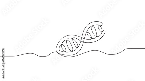 DNA double helix abstract continuous line art illustration with a wavy horizontal line below, symbolizing genetics and science.