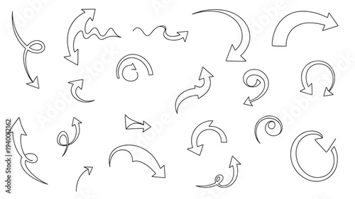 Arrows hand drawn set with diverse curved and swirled shapes indicating direction and movement on white background.