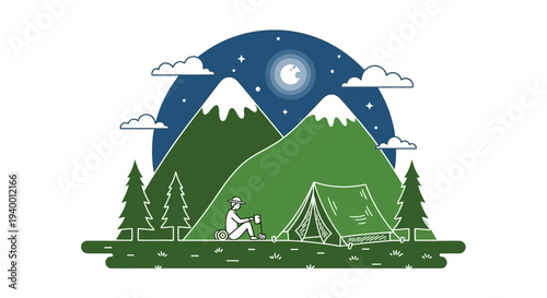 Camping adventure under starry night sky with moon and mountains, person by tent
