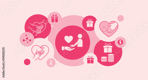 Charity and Donation Concept: Hands Helping, Hearts, Gifts, and Coins on Pink Background