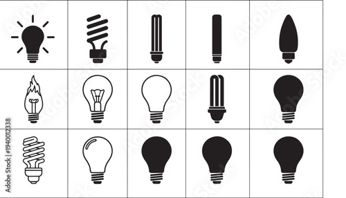 Light bulbs set with various shapes including incandescent, fluorescent, and Edison bulb icons in black and white