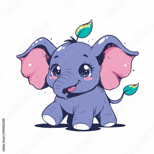Adorable cartoon elephant with big eyes and leaves on its head, cute animal illustration