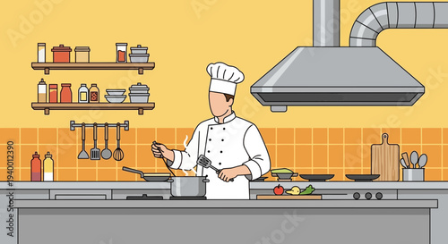 Chef Cooking in Professional Kitchen with Stainless Steel Appliances and Shelves