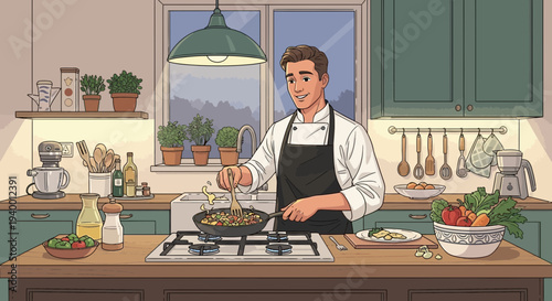 Chef cooking delicious food in a cozy kitchen, healthy meal preparation, culinary art