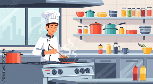 Chef cooking in a professional kitchen with steaming food and shelves of ingredients