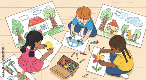 Children drawing and coloring pictures of houses, cars, and flowers, developing creativity