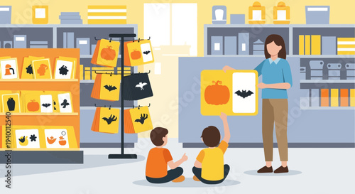 Children choosing Halloween decorations with a teacher in a store