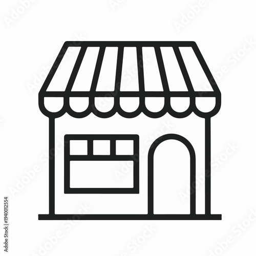 Clean line art vector icon depicting a welcoming small business storefront with a classic striped awning, symbolizing retail commerce, local entrepreneurship, and everyday shopping experiences