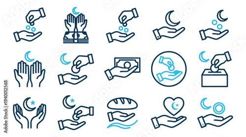 Islamic Charity and Donation Line Icons Set - Hands Giving Money, Zakat, Crescent Moon and Star Symbols for Ramadan and Eid Alms
