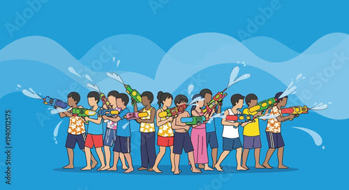Children Playing with Water Guns on a Blue Background