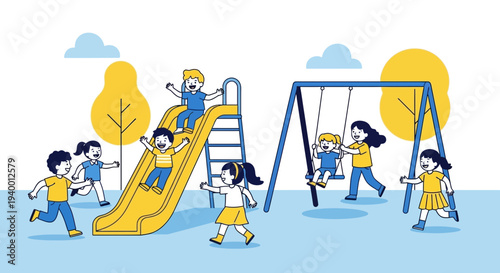 Children playing on playground slide and swing set, happy kids enjoying outdoor activities
