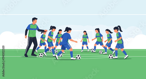 Children's soccer practice with coach on green field, drills and training