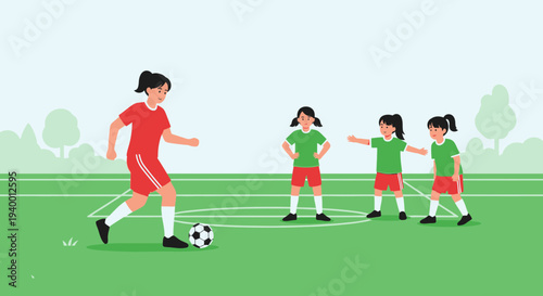 Children's soccer practice: coach teaching girls football on green field with trees
