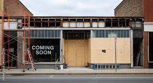 Commercial storefront undergoing renovation with Coming Soon sign.