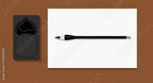 Chinese Calligraphy Brush and Ink Stone on White Paper, Traditional Art Supplies