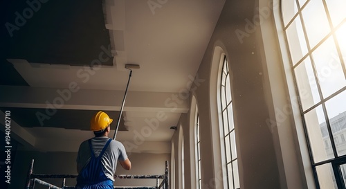 Construction worker painting ceiling in large arched window building.