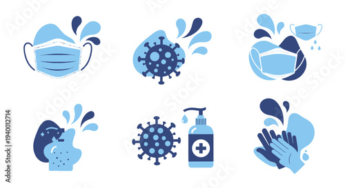Coronavirus prevention icons: mask, virus, hand sanitizer, hand washing