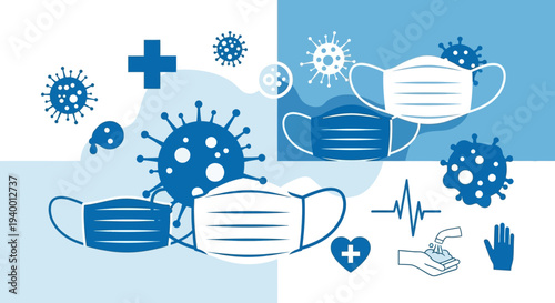 Coronavirus protection: Masks, virus, medical symbols, and hygiene icons on blue background