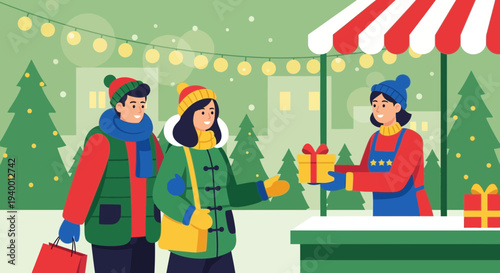 Couple buying Christmas gift at outdoor market stall with festive decorations