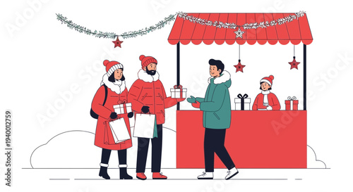 Couple buys Christmas gifts at a festive winter market stall, happy shoppers in warm clothes