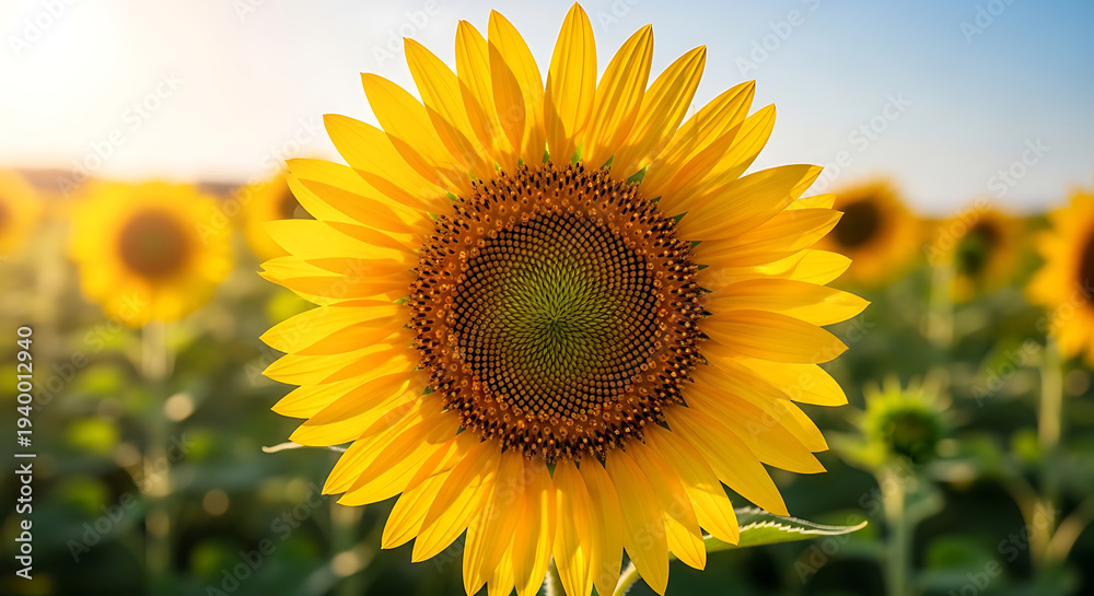 Fototapeta premium Vibrant yellow sunflower in full golden bloom bathed in warm natural sunlight against a blurred bokeh background of a rural farm field during summer solstice.