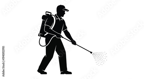 A black silhouette depicts a pest control worker spraying chemicals showcasing a protective suit and equipment silhouette