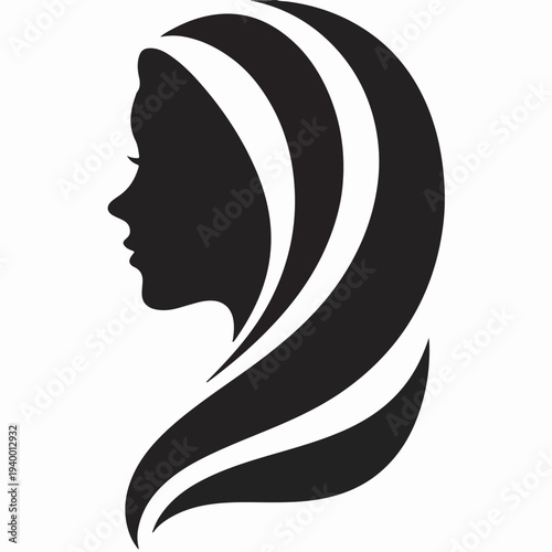 Modern vector illustration capturing the elegant profile silhouette of a woman with long, flowing hair, representing beauty, grace, and contemporary femininity in design