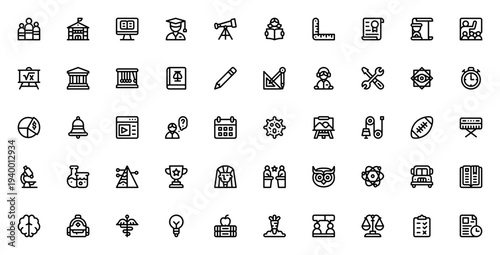 Academy icon set. Education vector icons pack. Includes symbols for school, student, book, study, science, diploma, learning and more. Editable stroke.