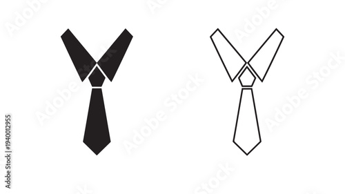 Tie icon set with solid black and outline versions for formal wear and business attire concepts. featuring necktie, clothing accessory, fashion with
