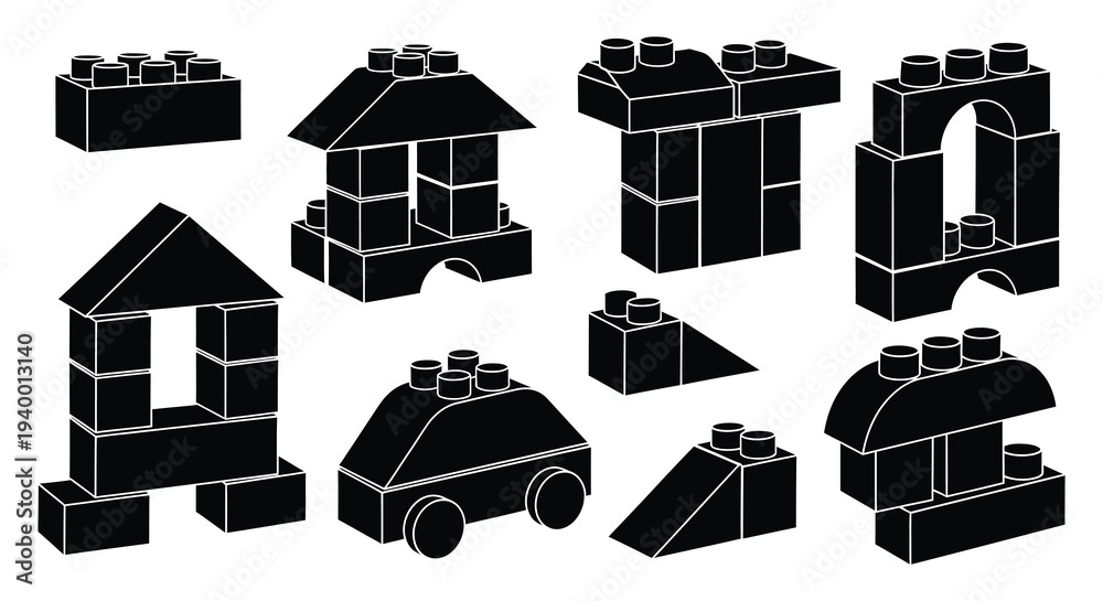 Fototapeta premium A collection of various black building blocks arranged on a white background presented as a silhouette