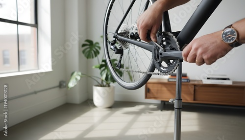 A man is fixing his bike chain indoors with precision, emphasizing personal bicycle maintenance and a sustainable lifestyle concept