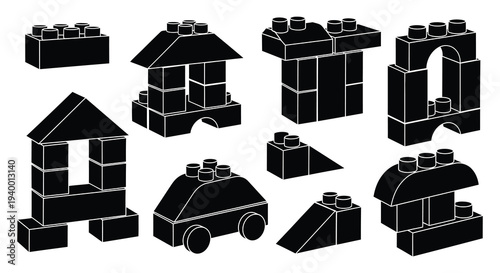 A collection of various black lego building blocks arranged on a white background presented as a silhouette